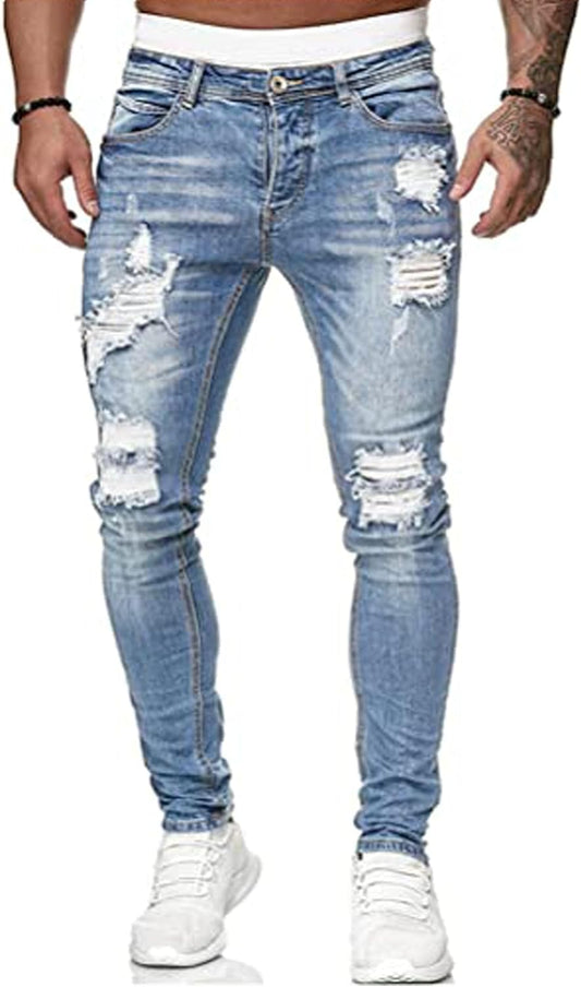 "Ultimate Style and Comfort: Men'S Blue Slim Fit Destroyed Ripped Skinny Jeans with Side Striped Denim - Stretch for the Perfect Fit!"