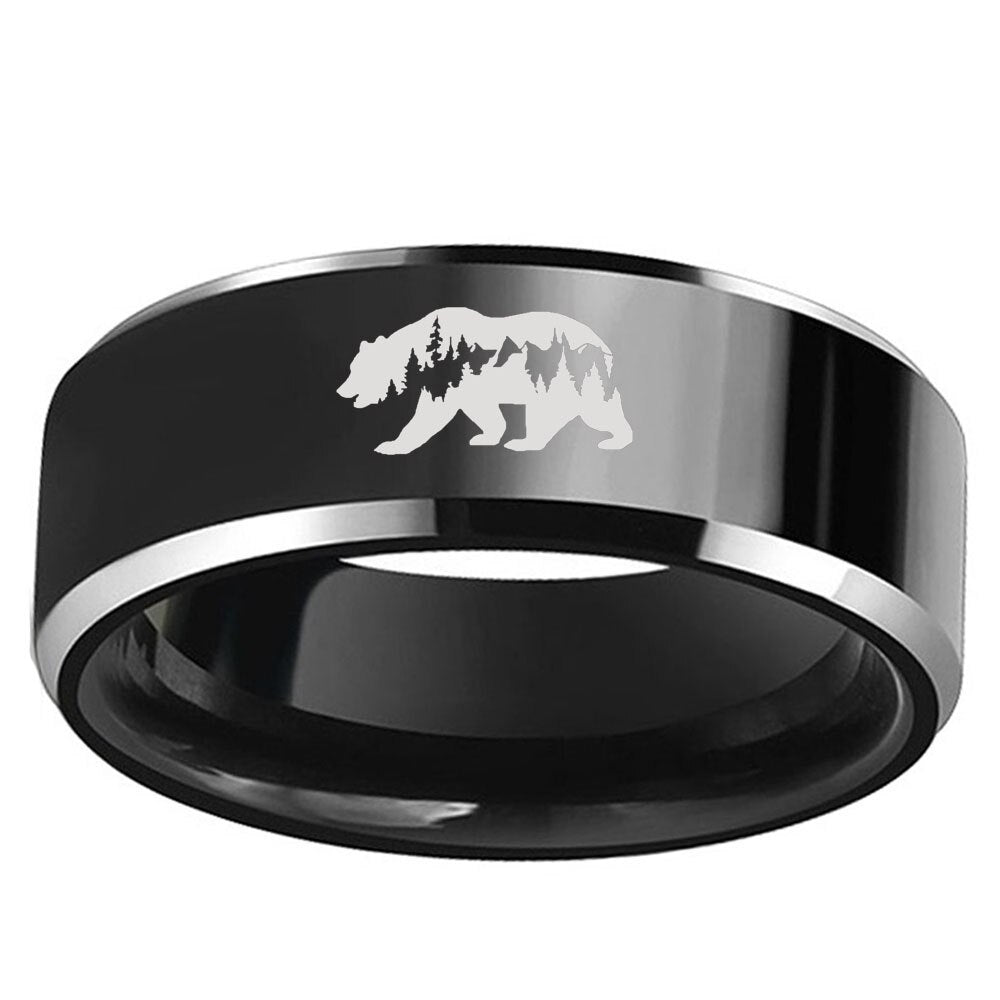 "Enchanting Laser-Engraved Bears in Majestic Mountain Landscape - Exquisite Black Tungsten Rings for Men and Women - Perfect for Special Engagements!"