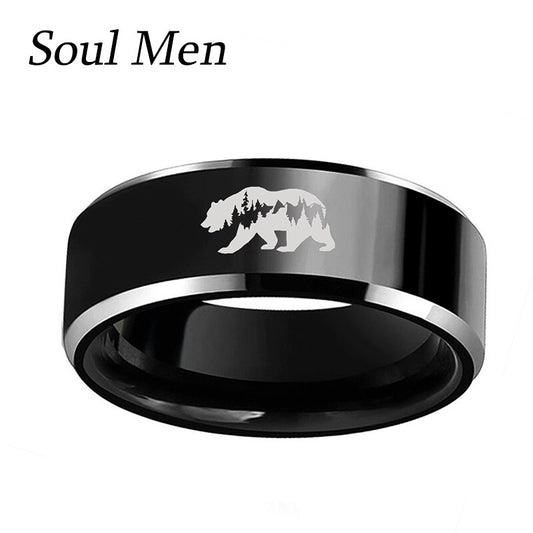 "Enchanting Laser-Engraved Bears in Majestic Mountain Landscape - Exquisite Black Tungsten Rings for Men and Women - Perfect for Special Engagements!"