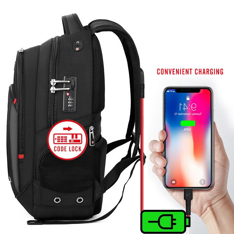 "Secure and Stylish Travel Backpack with Code Lock and USB Charging - Perfect for Business, School, and Travel!"